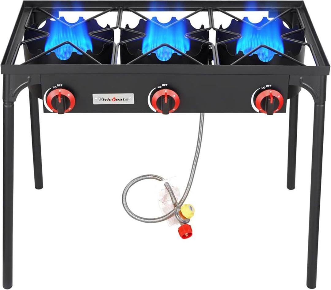 Vivicreate 3 Burner High pressure Propane Stove, 28 Inch Tall Camping Stove with cast iron burner 105000 BTU power, Stable Legs for Outdoor Use,  trible burner stove