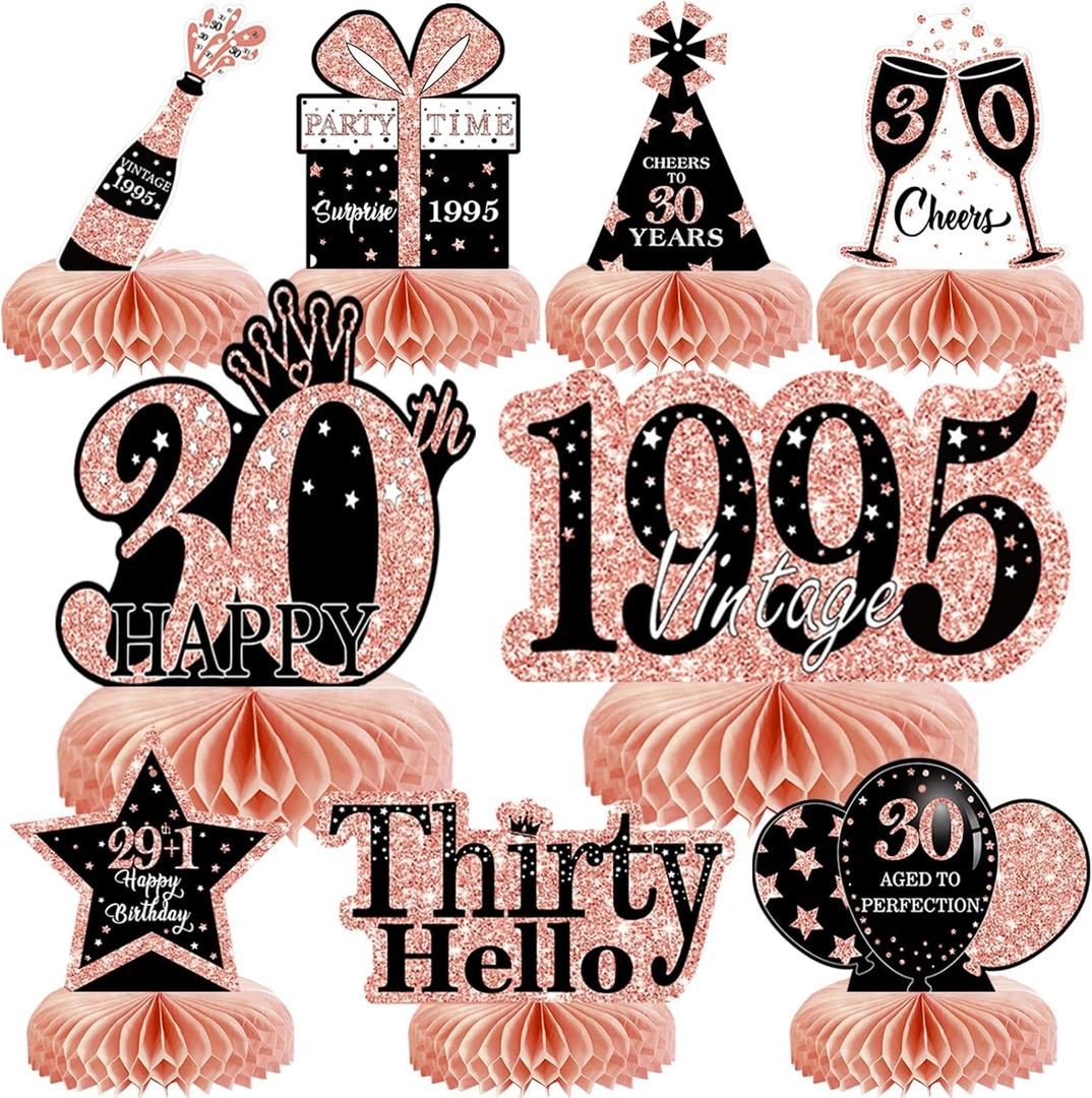 9Pcs 30th Birthday Decorations Honeycomb Centerpieces for Women, Rose Gold Pink Happy 30th Birthday Centerpieces Tables Toppers Party Decorations Supplies, Vintage 1995 Aged Birthday Table Sign Decor (Rose Gold 30th)