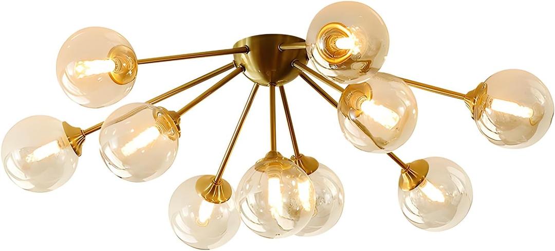 KCO Lighting Modern Bubble Chandelier Lighting 10-Lights Amber Glass Ceiling Light Mid Century Semi Flush Mount Ceiling Light Gold Globe Sputnik Chandelier Ceiling Lights