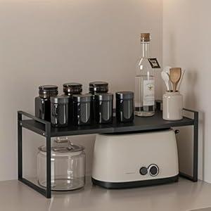 Microwave Oven Rack Expandable Countertop Heavy Duty Microwave Shelf 2-Tier Adjustable Metal Storage Shelf Rack for Kitchen (White-S)