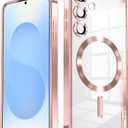 Slim Thin for Samsung Galaxy S25 Plus Case, Compatible with MagSafe, Built-in Camera Lens Protector, Shockproof Protective Phone Case, Soft Electroplated Clear Cover, Rose Gold