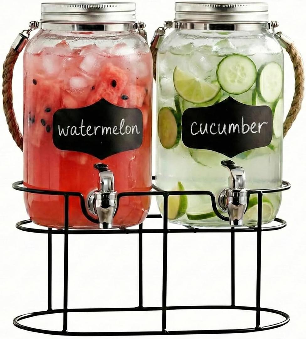 Style Setter Beverage Dispenser | Cold Drink Dispenser w/ 1-Gallon Capacity Glass Jug, Metal Handle & Leak-Proof Acrylic Spigot in Gorgeous Gift Box | Great for Parties, Weddings & More