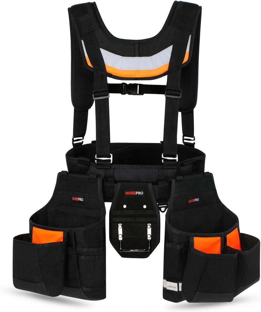Tool Belt with Suspenders, Heavy Duty Adjustable Detachable Electrician Tool Pouch Belt, Utility Work Belts Suspenders for Men Electrician Carpenter Framers