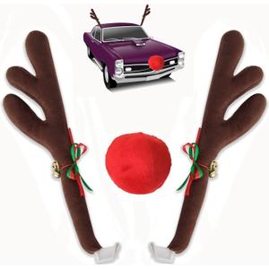 Reindeer Antlers for Cars with Red Nose, Jingle Bells & Tail - Christmas Car Decorations for Cars SUV Truck Premium Antlers Kit, Vehicle Ornament Set for Auto Accessories, Xmas Holiday Decor