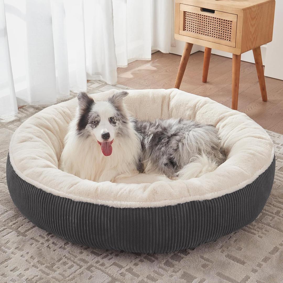 45 inches Donut Dog Bed for Extra Large Dogs,Calming Round Pet Bed with Removable & Washable Cover, Plush Faux Fur & Corduroy, Fits up to 100 lbs Pets(Dark Grey,XL)