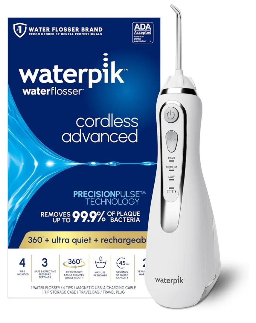 Waterpik Cordless Advanced 2.0 Water Flosser For Teeth, Gums, Braces, Dental Care With Travel Bag and 4 Tips, ADA Accepted, Rechargeable, Portable, and Waterproof, White WP-580