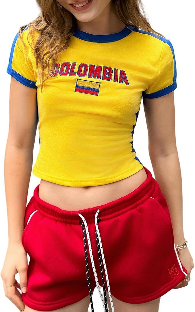 SHENHE Women's Brazil Shirt Crop Top Crewneck Vintage Short Sleeve Tops Y2K Graphic Baby Tee Jersey Shirt, Large