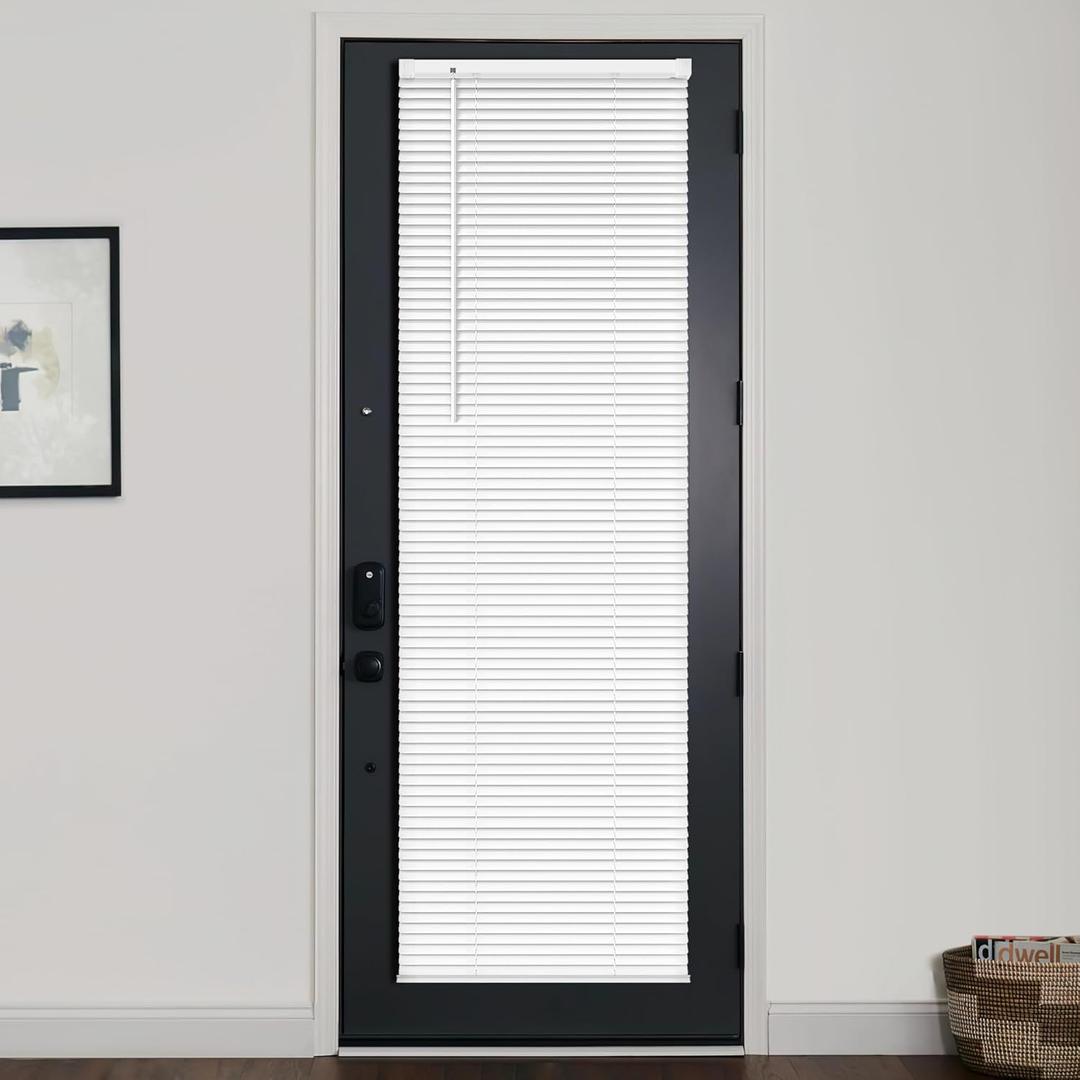 LazBlinds 1" Vinyl Mini Blinds for Doors, Cordless French Door Blinds, Light Filtering Privacy Horizontal Shades for Front Patio Sidelight Glass, 15 3/4" W x 70" H, White, 15.75"W x 70"H