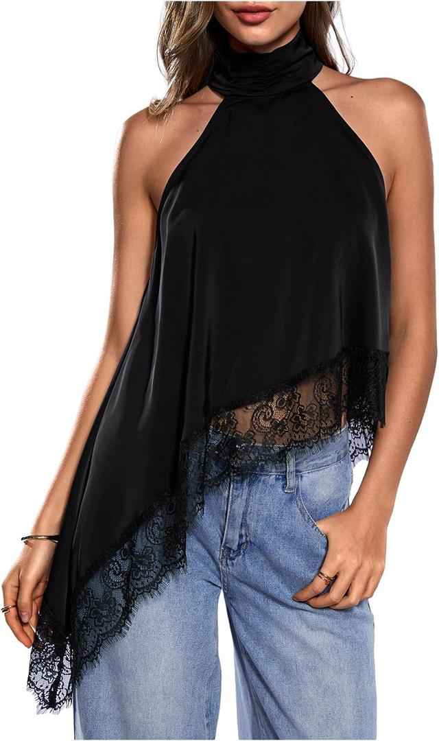 Milumia Women's Halter Neck Sleeveless Top Lace Asymmetrical Hem Summer Going Out Tank Tops Black Medium