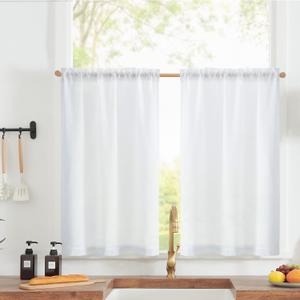 jinchan Linen Textured Tier Curtains 24 Inch for Kitchen Windows Farmhouse Cafe Curtains Small Drapes Rustic Light Filtering Half Window for Living Room Laundry Rod Pocket 2 Panels White