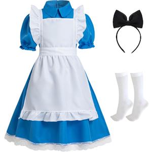 Blue Dress Halloween Costume Set for Girls with Apron, Bow Hair Band and Striped Stockings (1307-8Yeras)