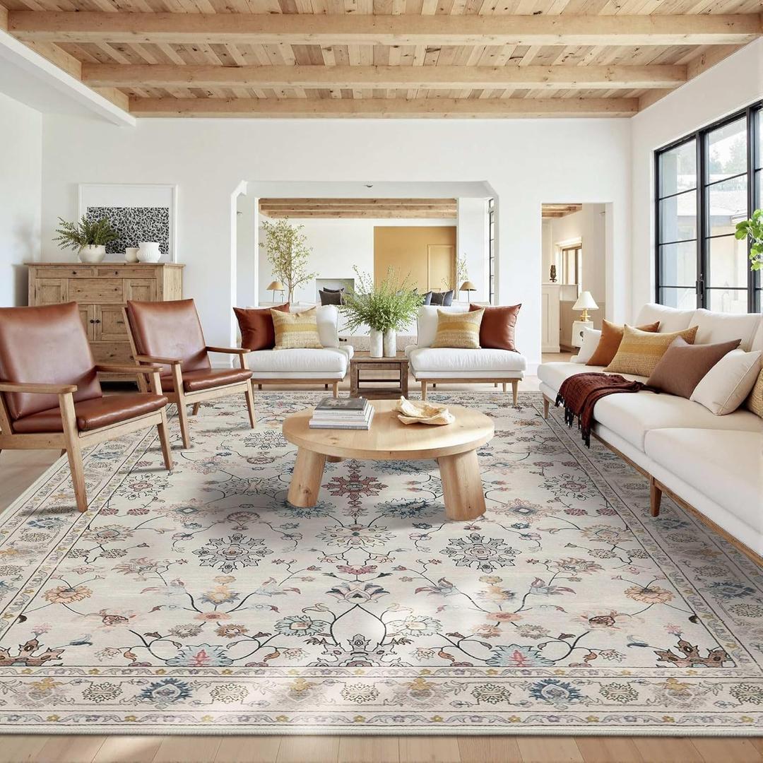 Rugxara 10x14 Rugs for Living Room & Bedroom,Floral Washable Rug,Boho Area Rug, Large Non Slip Low Pile Wool Carpet for Indoor Dining Room,Girls Room,Nursery Room and Kids Room(Grey 10x14ft)