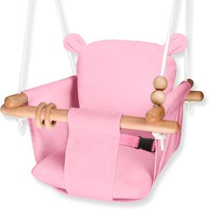 Baby Swing Outside Indoor-Wooden Infant Swing Outdoor, Secure Canvas Baby Hanging Swing Seat Porch Swing Chair for Tree and Backyard for Toddler (Pink-1)