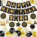 TaoBary 2026 New Years Eve Party Decoration Supplies Happy New Year Banner Gold and Black Hanging Swirls Balloons Cake Toppers for 2026 Eve Party Booth Props