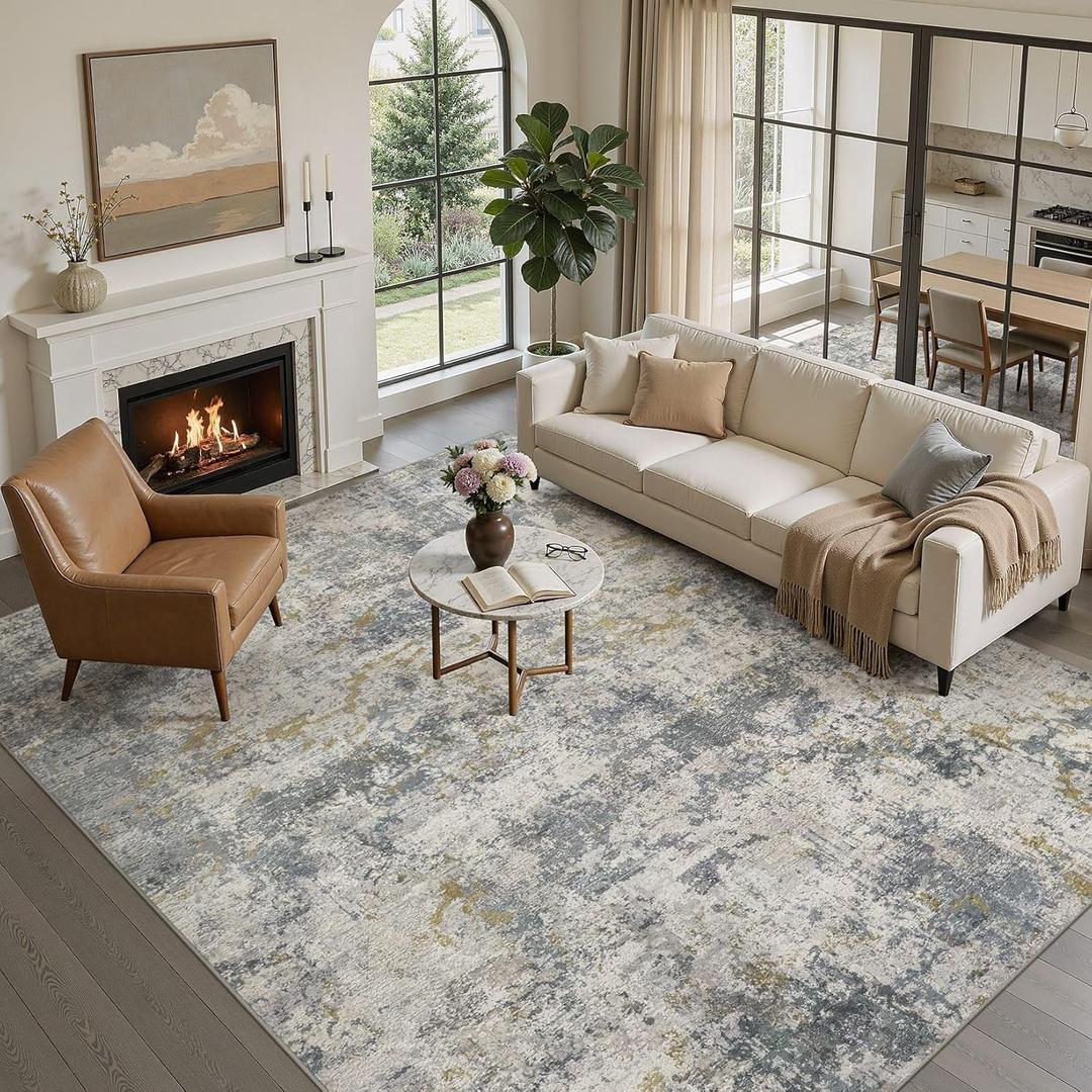 kakania Washable 9x12 Area Rug for Living Room: Abstract Modern Home Decor