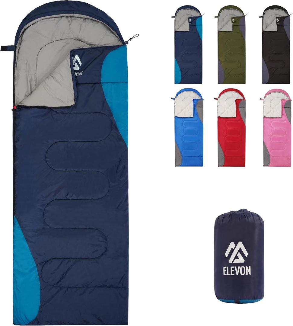 Elevon Sleeping Bag for Adults Teens Kids Cold Warm Weather, Portable Waterproof & Lightweight, Compact with Compression Sack, for 3-4 Seasons Camping, Backpacking, Hiking, Travel, Indoors Outdoors (1-person, 1-pack, Navy Blue)