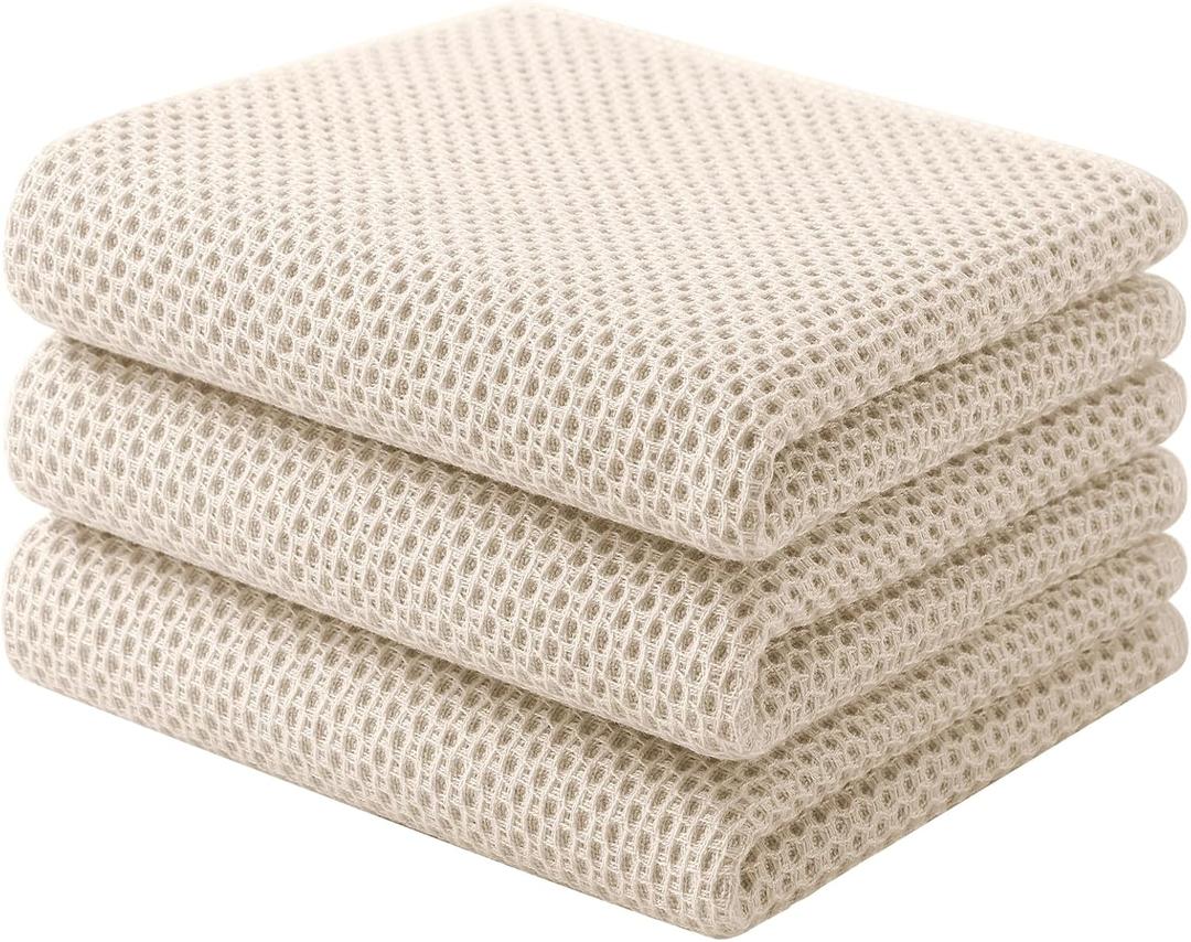 Homaxy 100% Cotton Waffle Weave Kitchen Towels, 3-Pack Ultra Soft Absorbent Dish Towels, Quick Drying Cleaning Towels, 13 x 28 Inches, Beige