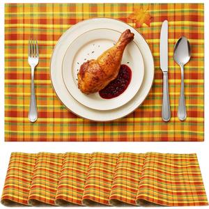 FoldTier Set of 6 Orange Buffalo Plaid Placemats 13x19 Inch Winter Christmas Plaid Placemats Heat Resistant Washable Holiday Checkered Table Mat Set for Dining Parties New Year Winter Decor