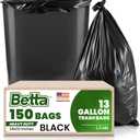Betta 13 Gallon Black Trash Bags, 150 Count Box, (24x32-inch) Commercial Heavy-Duty Garbage Can Liners for 10-13 Gallon Round Cans, 8-12 Gallon Slim and Square Cans