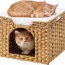 SETVSON Cat Beds Indoor Kitten House, Handwoven Rattan Cat Cave Pet Cube, Large Cat Houses, One Bed Mat, Foldable, Hideaway, 16.5x16.5x13.2 Inches, 2 S-Shaped Hooks in Living Room Bedroom Natural