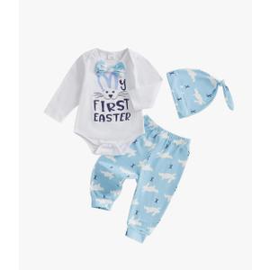 Gueuusu My First Easter Baby Boy Outfit Long Sleeve Bunny Romper Rabbit Long Pants Hat 3Pcs Clothes Set 12 18M