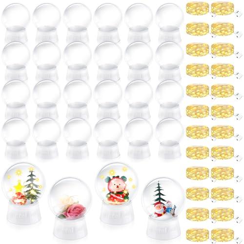 Lenwen 24 Set DIY Snow Globe Christmas LED Kit Including 4 Inch Plastic Clear Snow Globe with Screw Off Cap and 19.7 Inch 10 LED String Lights for Xmas DIY Crafts Decoration