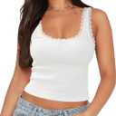 Women's Tank Tops Cute Slim Fitted Ribbed Knit Bow Lace Camisole Top Sexy Summer Square Neck Sleeveless Going Out Tops (White)