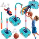 4 in 1 Basketball Hoop for Kids 1-3,Toddler basketball hoop and T-Ball Set, Height Adjustable Kids Basketball Hoop, Baseball Launcher, Indoor/Outdoor Basketball Hoop Toy for Boys and Girls Birthday Gifts (Green)
