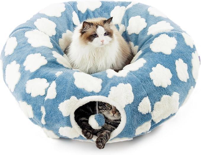 Tunnels Indoors,Tunnel-Interactive Cave Hideout Foldable Indoor Toys,Tunnel Bed,cat beds for Indoor Cats with Hanging Ball for for Small Medium Large Cat, Puppy, Rabbit ect. (Blue)