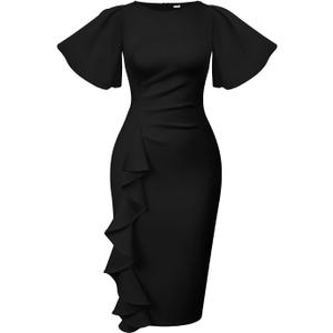 Memoriesea Women's Basic Vintage Ruffle Sleeve Ruched Bodycon Work Midi Pencil Dress (XX-Large, Black)