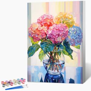 Framed Paint by Numbers Kit for Adults Beginner & Kids Ages 8-12, Hydrangea in Glass Vase Window Paint by Number with Frame, Easy Acrylic Colorful Flowers Paint by Numbers Kit on Canvas 8x12 inch