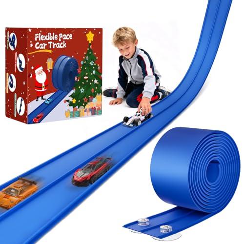MozoaLata Flexible Race Track for Kids 15ft Race Car Track, Rolls Up Portable Racetrack Compatible with Hot Wheels & Diecast 1/64th Cars,2025 Christmas Birthday Gift, (2 Lane Tracks - Blue)