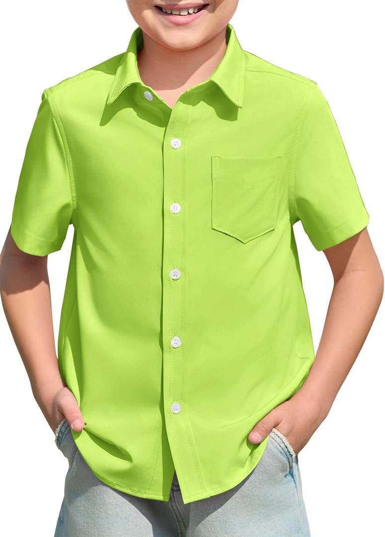 Haloumoning Boys Dress Shirts Button Down Short Sleeve Shirt Kids Summer Casual Shirts with Pockets 5-14 Years, Size 120 (Green)
