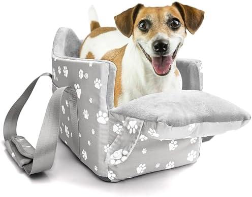 Cullaby Center Console Dog Car Booster Seat for Small Dogs 0-15 lbs - Grey Pet Travel Carrier Safety Leash, Detachable Seat Belt & Storage Pockets
