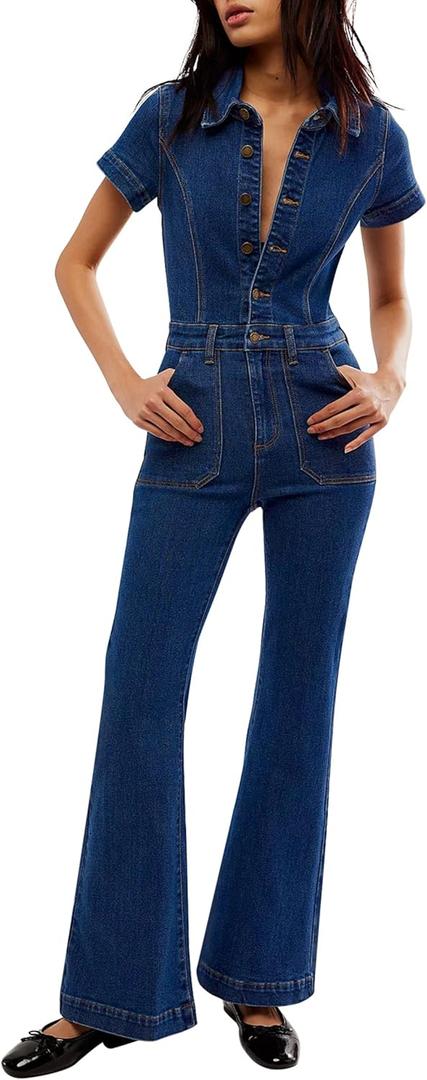Qazel Vorrlon Denim Jumpsuit for Women Flare Wide Leg Blue Jean Jumper Short Sleeve Button Stretch Long Romper Pants Size 10, Dark Blue 