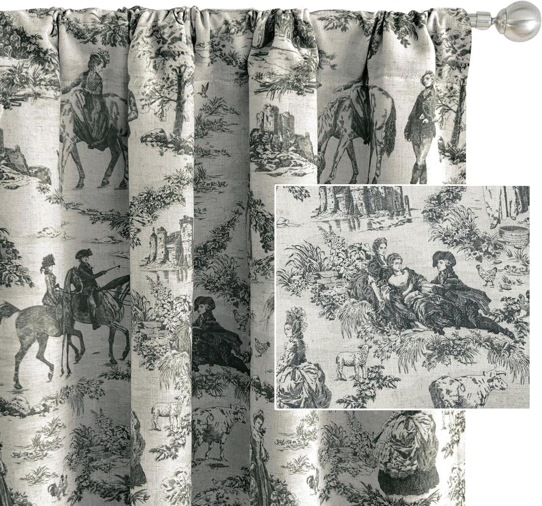 DriftAway 100% Blackout Toile Linen Curtains for Bedroom Double Layer Farmhouse French Country Vintage Printed Pattern Thermal Sound Lined Back Tab Living Room Drapes 84 inch Length 2 Panels Black