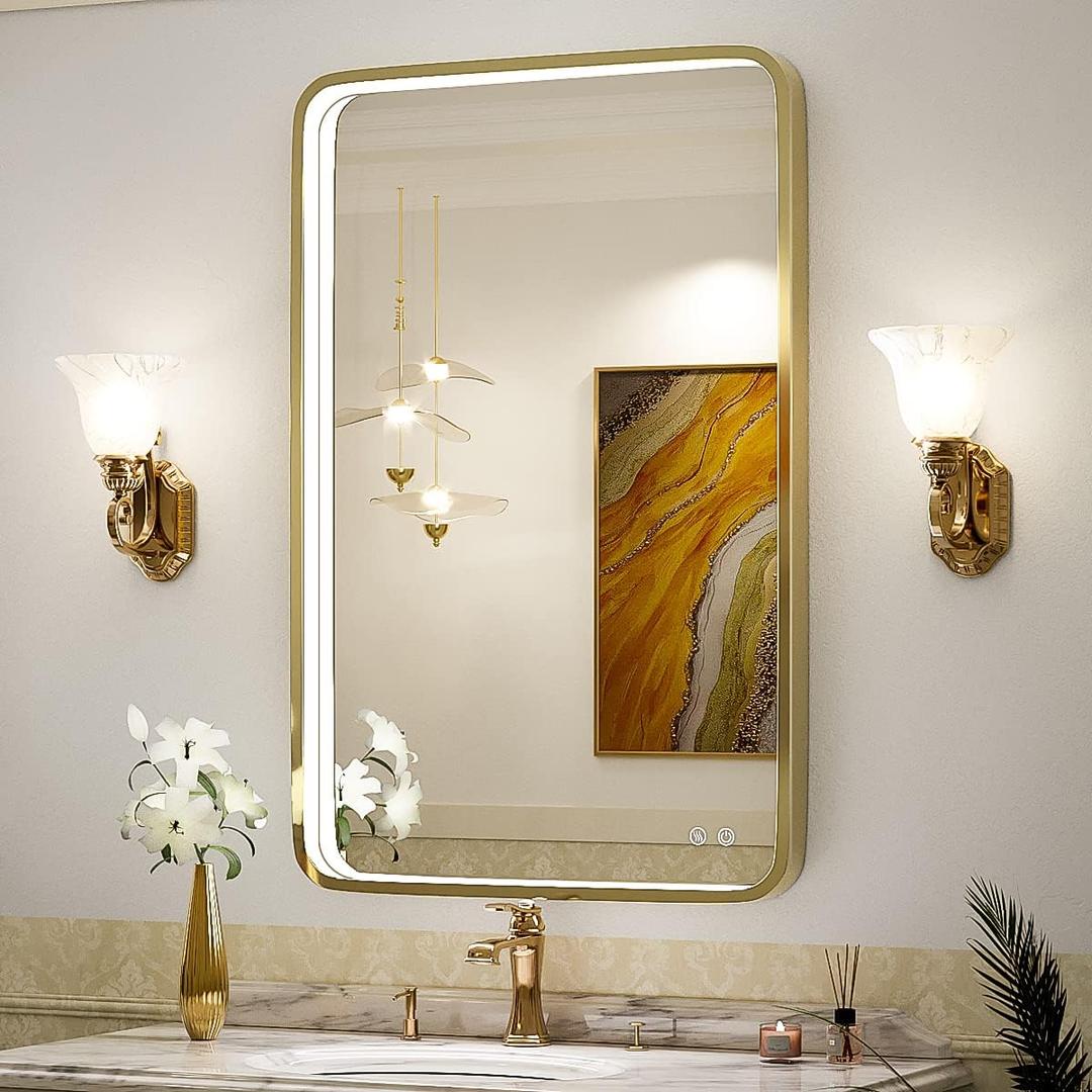 36x24 Inch LED Bathroom Mirror with Lights,Gold Metal Frame Wall Mounted Lighted Vanity Mirrors for Wall,Anti-Fog 3000K/4500K/6000K Dimmable Led Mirror,ETL Listed LED Driver(Horizontal&Vertical)