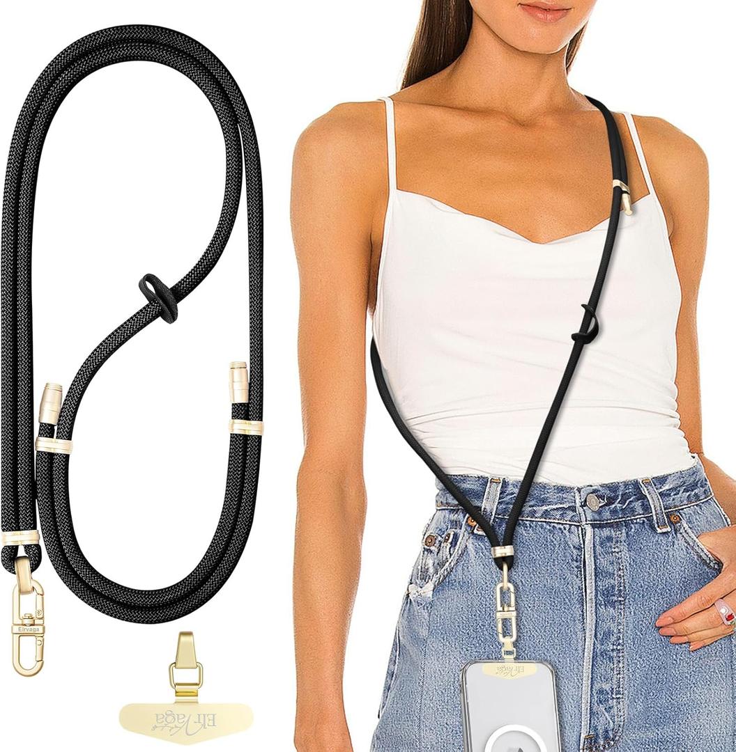 Adjustable Anti-Theft Phone Lanyard Neck & Crossbody Strap with 0.2mm Metal Tab & Comfort-Fit 8mm Rope (Black)
