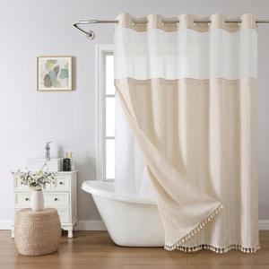 No Hook Extra Long Shower Curtain Set with Snap-in Liner,Linen Textured Thick Striped Fabric with Tassels,Boho Chic Modern Farmhouse Bathroom Curtain,Water-Repellent,Cream/Beige,71x86