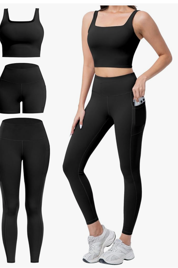 3 Piece Workout Sets for Women High Waisted Leggings with Pockets Tummy Control Biker Shorts Yoga Sports Bra, Size: Medium