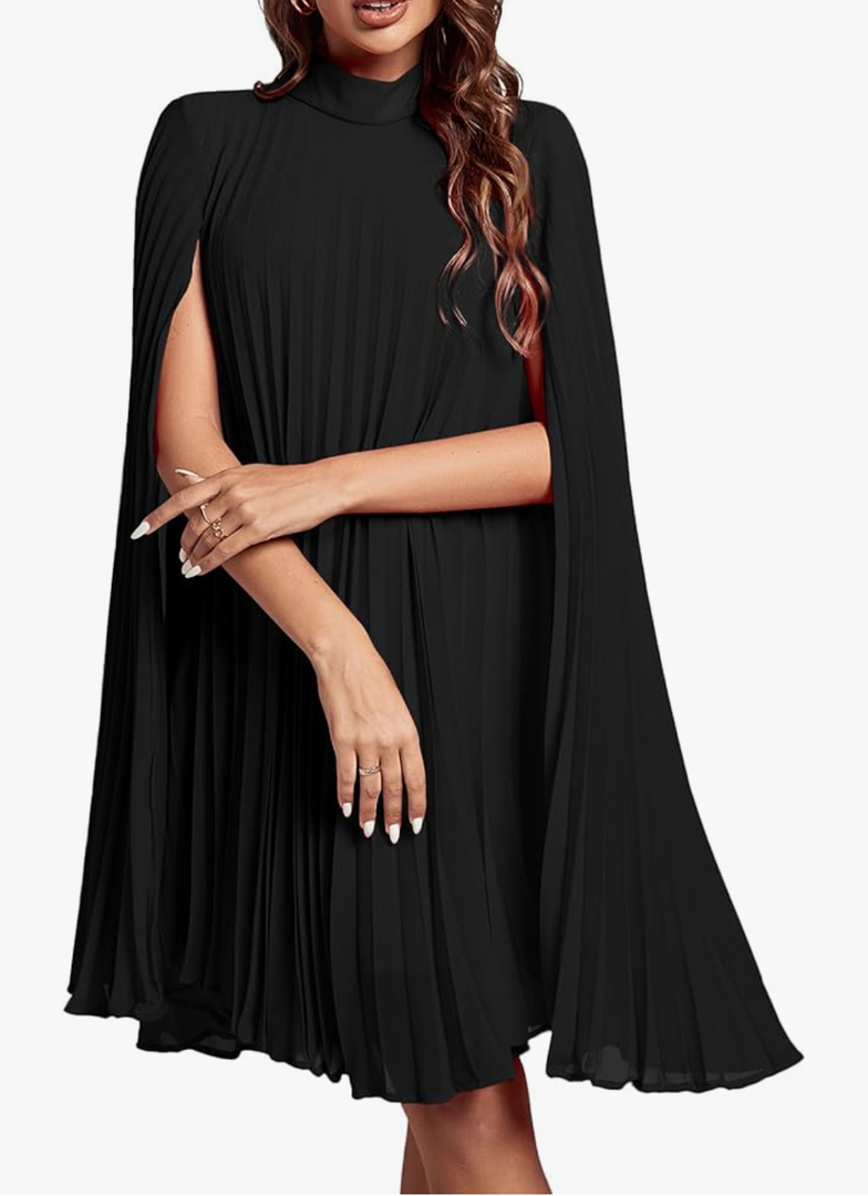 Rooscier Women's Mock Neck Cloak Sleeve Pleated Keyhole Back Flowy Party Midi Dress XL