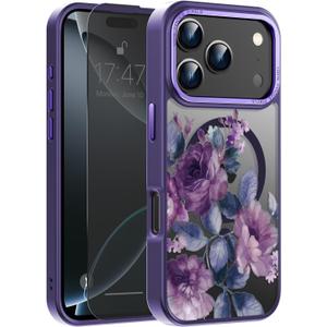 Goodon for iPhone 17 Pro Max Case with Privacy Screen Protector, Compatible with Magsafe, Shockproof Translucent Matte Cover - Cute Floral Design Phone Case for Women and Girls - Purple Blossoms