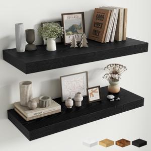 Fun Memories 32 x 12 Floating Shelves Wall-Mounted - Rustic Wood Shelf - 12 Inch Deep Floating Shelves for Wall - Large Storage Shelf for Bathroom - Kitchen & Bedroom - Black - Set of 2