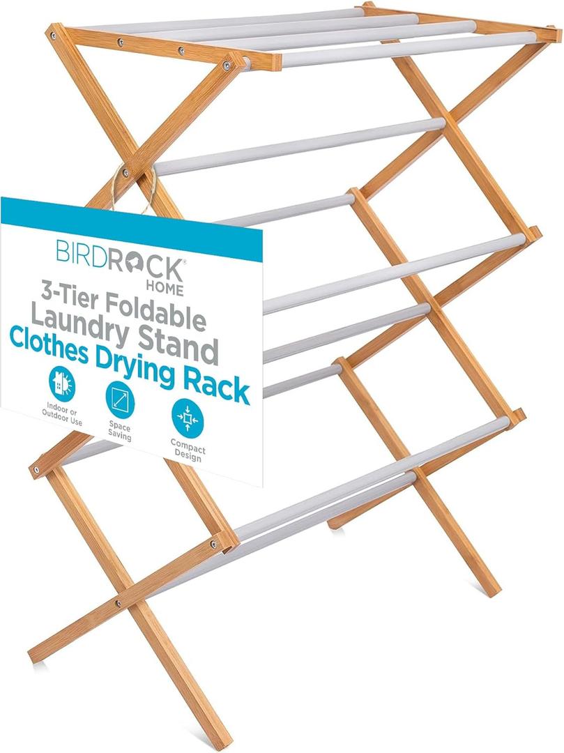 BirdRock Home Wooden Clothes Drying Rack | 3-Tier Foldable Bamboo Laundry Stand | Water-Resistant, Fully Assembled, Collapsible Indoor/Outdoor Dryer for Hanging Clothes | Grey (Gray)