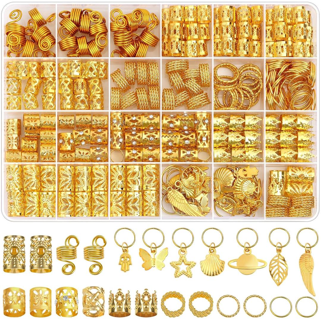 Lucomb 280 Pcs Hair Jewelry for Women, Hair Charms Cuffs Beads for Braids Loc Jewelry for Dreadlocks, Adjustable Gold Braids Coils Rings Decoration for Dreadlock Accessories