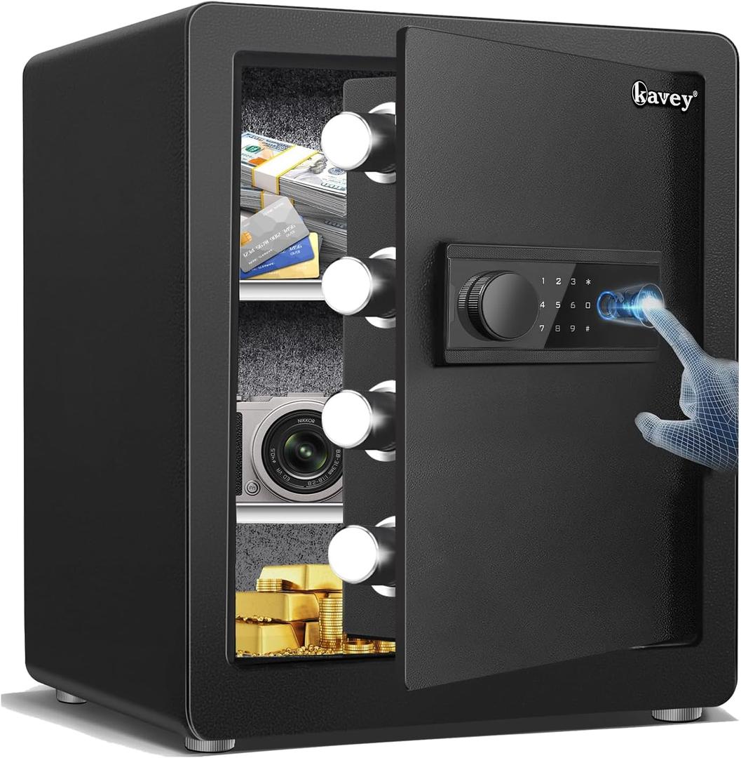 Kavey 2.0 Cub Biometric Safe Box, Fingerprint Safe with Backlit Touch Screen Keypad and Dual Alarm System, Steel Security Lock Box With Mute Function and LED Light, 12.59"D x 14.96"W x 17.72"H