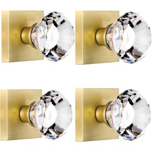 4 Pack Closet and Hall Dummy Door Knob Interior, Inactive Clear Glass Crystal Door Knobs Set Gold, Non-Turning Door Knobs Diamond Shape, Satin Brass Door Knobs Square, BS-010N