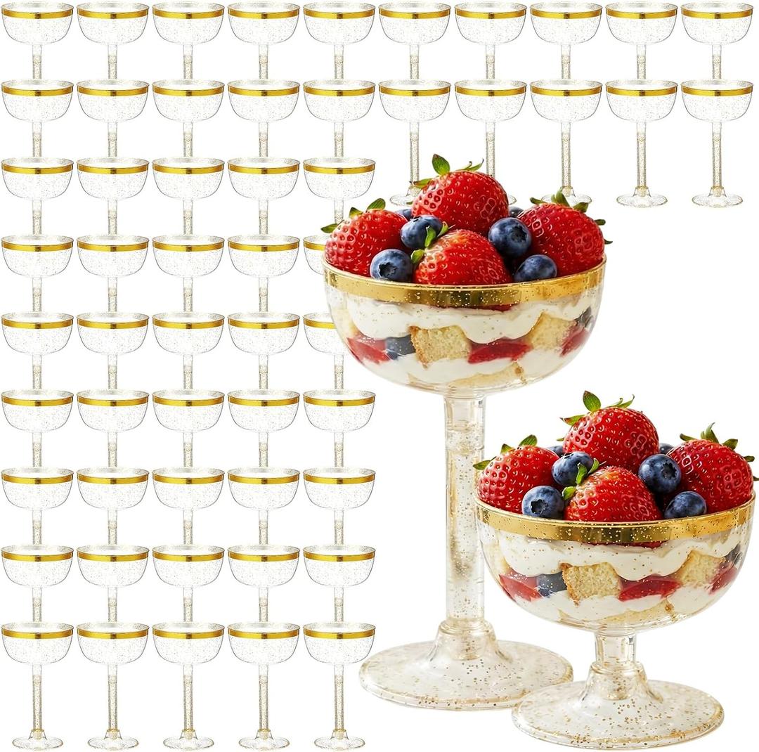 Set of 55 Plastic Champagne Coupe Glasses 7 oz Removable Gold Rim Cocktail Glassware Set Acrylic Goblet Martini Cups for Flute Wedding Birthday Party Bar(Saucer)