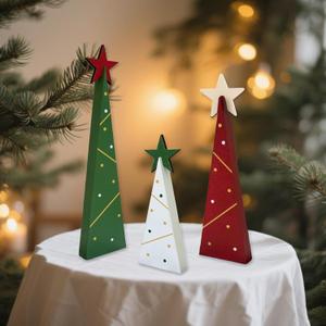 Wooden Christmas Trees Tabletop Decoration Set 3 Piece Freestanding Rustic Holiday Centerpieces for Tiered Tray Xmas Home Decor (Wood 01)