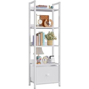 Furologee 5 Tier Bookshelf with Drawer, Tall Narrow Bookcase with Shelves, Wood and Metal Book Shelf Storage Organizer, Modern Display Standing Shelf Unit for Bedroom, Living Room, Office, White